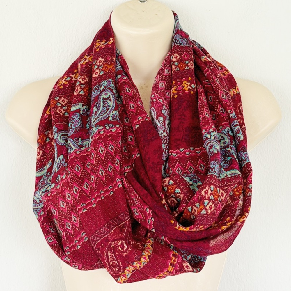 Belle du Jour maroon blue boho paisley print lightweight infinity scarf